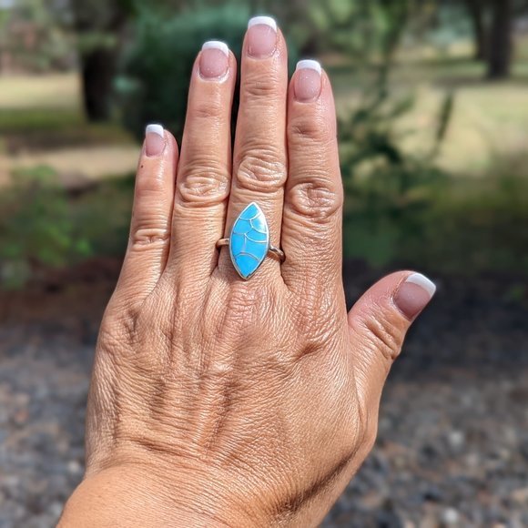 Zuni Fish Scales Ring Inlay Turquoise Sterling Silver, Hand Made‎ Jewelry*** - Picture 4 of 8